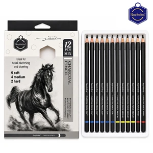 Keep Smiling Professional Charcoal Pencil Set, 12 Black Sketching Pencils with 6 Soft, 4 Medium & 2 Hard Grades for Drawing, Shading and Illustration ((TB-1060#)